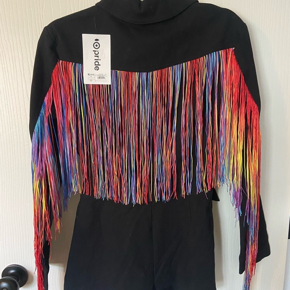 pride Pants - PRIDE Black Shorts Jumpsuit Romper Zip Front w Colorful Fringe Size S  NWT